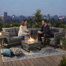 BIRCHTREE Rattan Furniture Set 4-Seater with Fire Pit Table & Side Storage Box Grey