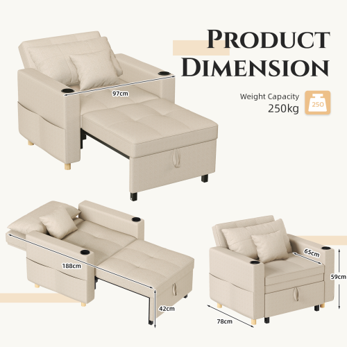 (Beige) YODOLLA Single Sofa Bed 3-in-1 Sleeper Chair Bed 1