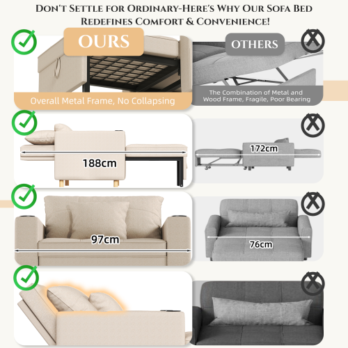 (Beige) YODOLLA Single Sofa Bed 3-in-1 Sleeper Chair Bed 2