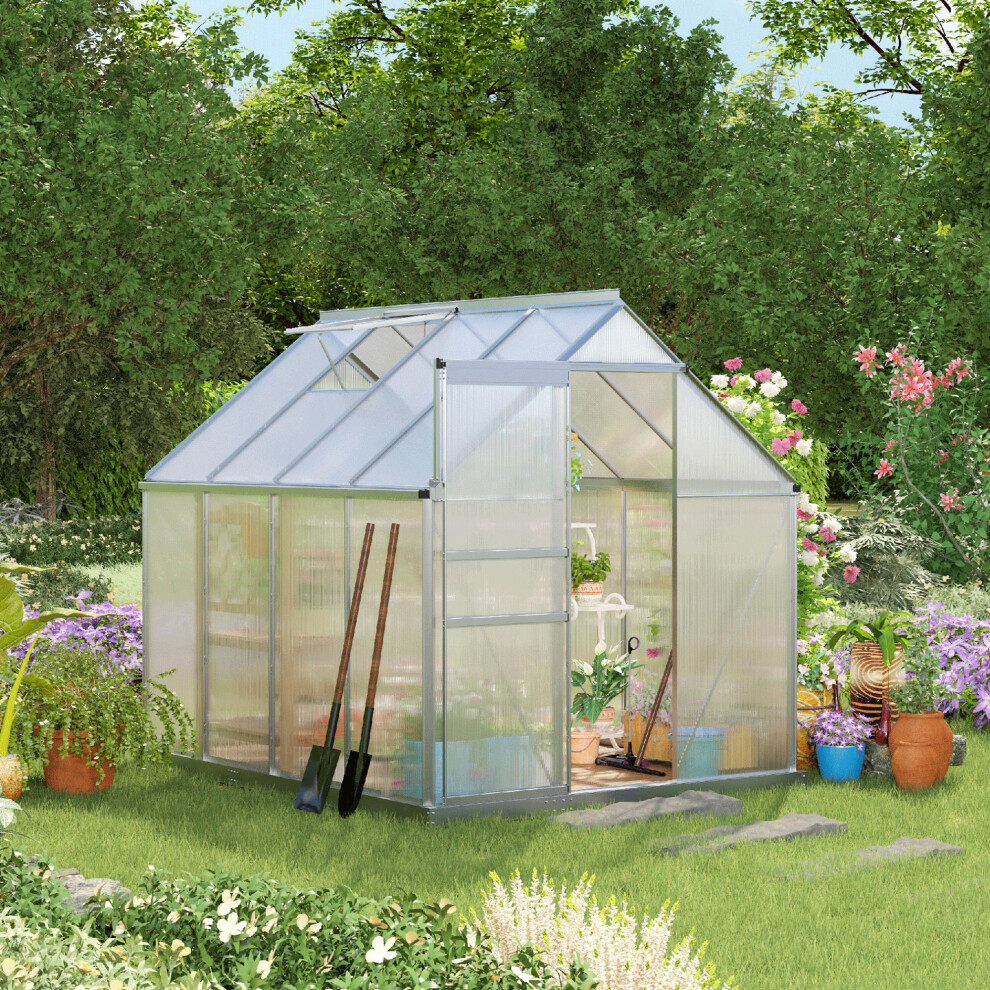 Outsunny Polycarbonate Walk-In Garden Greenhouse W/ Sliding Door Tone Silver