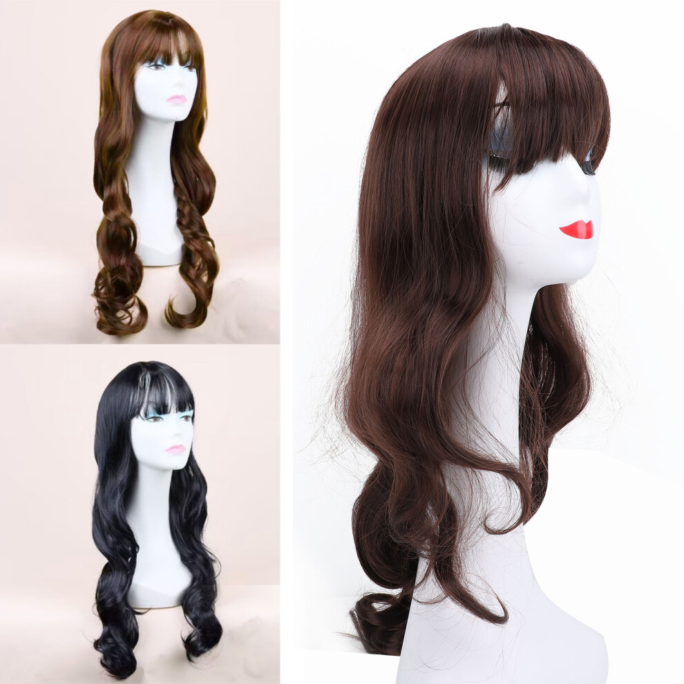 Dark Brown Air Bangs Wavy Synthetic Wig for Party, Long Curly