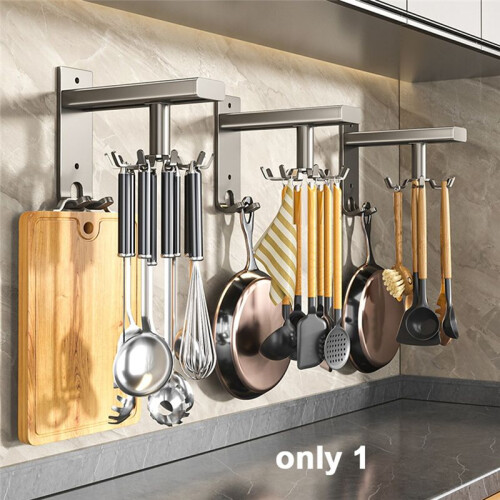 Wall-Mounted Kitchen Rotary Hook Rack,Aluminum Storage Hanger with 8 Hooks,No-Hole Punching Installation,Space-Saving