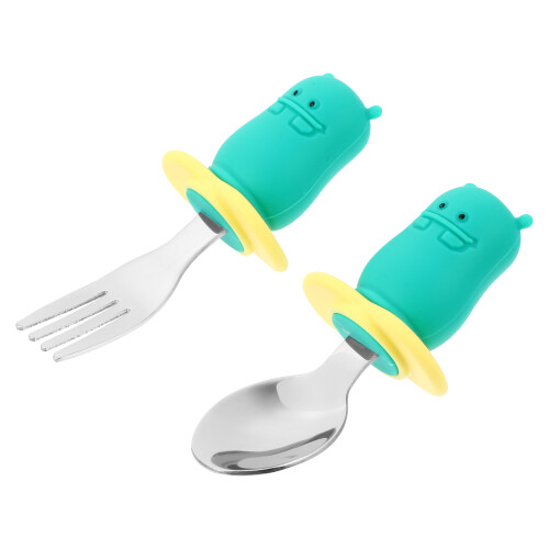 3Ensembles Couverts Bébé Vert Silicone Acier Inoxidable Sécurisés