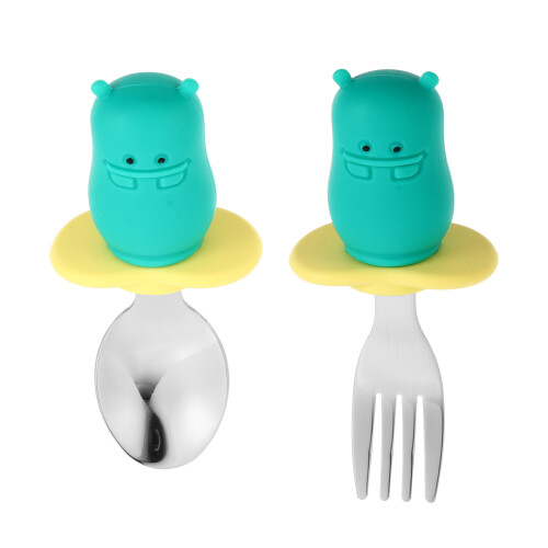 3Ensembles Couverts Bébé Vert Silicone Acier Inoxidable Sécurisés 1