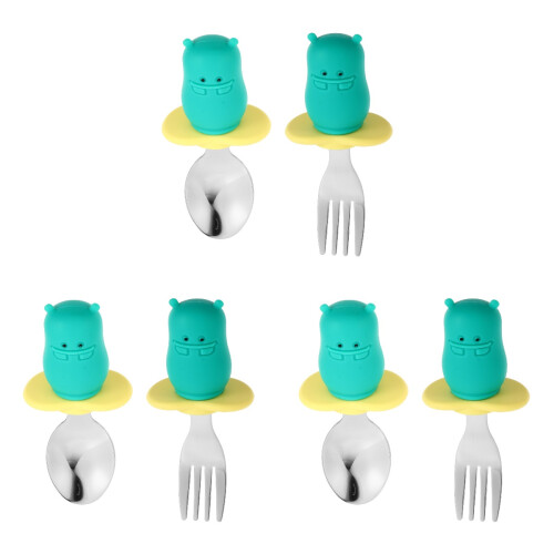 3Ensembles Couverts Bébé Vert Silicone Acier Inoxidable Sécurisés 2