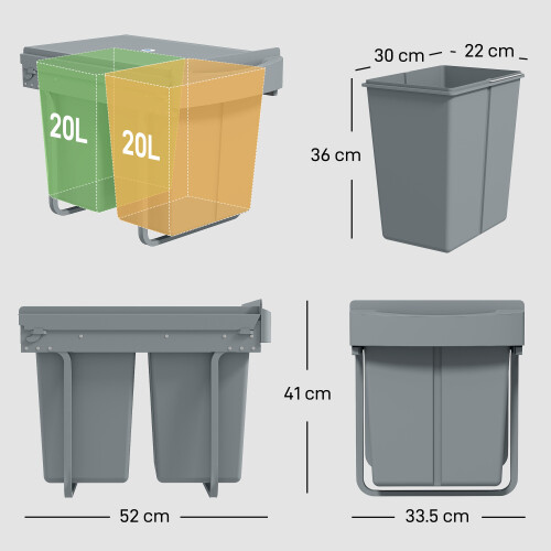 Homcom HOMCOM Kitchen Cupboard Bin with 40L Dual Compartment, Pull Out Bin, Grey 2