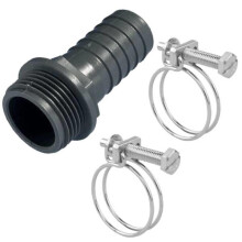 Pisces Pond 25mm 1 inch Male BSP Hosetail Hosing Connector with Compatible Double Wire Clips