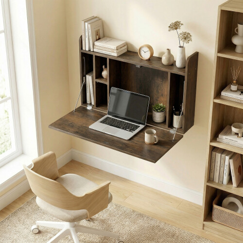 Homcom HOMCOM Wall Mounted Table w/ Space Saving Storage Compartments, Dark Brown