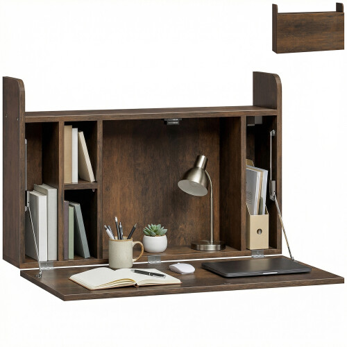 Homcom HOMCOM Wall Mounted Table w/ Space Saving Storage Compartments, Dark Brown 1