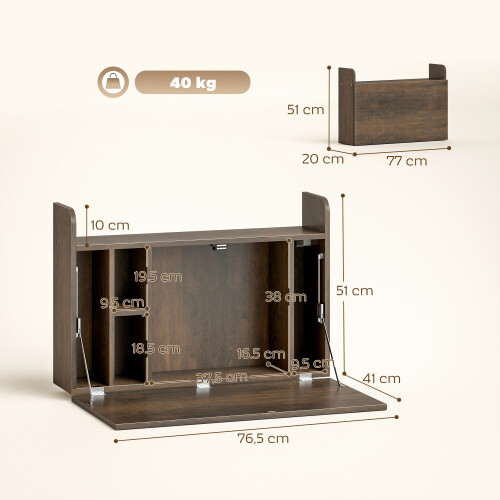 Homcom HOMCOM Wall Mounted Table w/ Space Saving Storage Compartments, Dark Brown 2