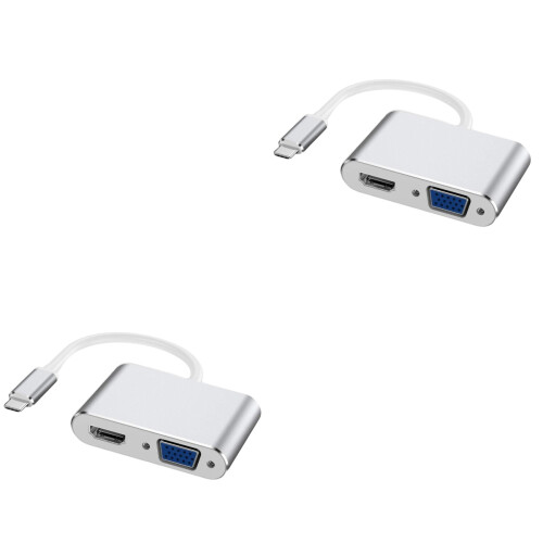 2Pcs Aluminum Alloy 2 in 1 Vga Usb3.1 Type-C Adapter Silver Mini Size 2