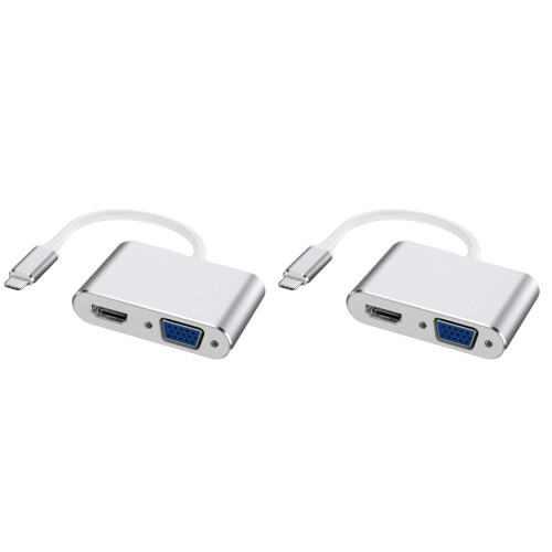 2Pcs Aluminum Alloy 2 in 1 Vga Usb3.1 Type-C Adapter Silver Mini Size 1