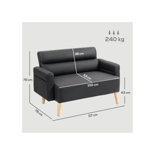 Small Faux Leather 2 Seater Sofa Settee - Black 1