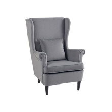Contemporary upholstered armchair with high-back winged design and cushion, deep grey
