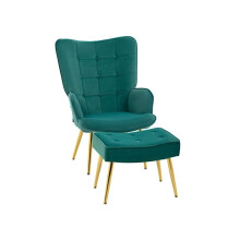 Contemporary armchair with footrest, decorative upholstered chair with footrest, steel legs, dark green.
