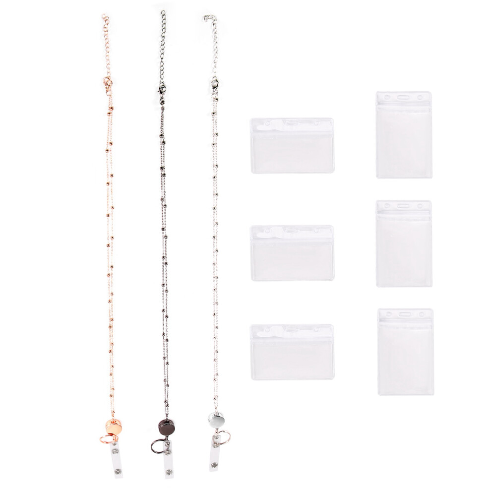 Retractable Badge Scroll Lanyard With Id Card Holder, 3 Pcs Beaded Badge Lanyard Necklace With 6 Business Card Holders A 6031067461736
