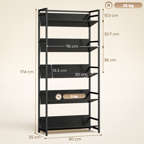Homcom (Black) HOMCOM Bookcase Anti-Slip Design 5-Tier 2