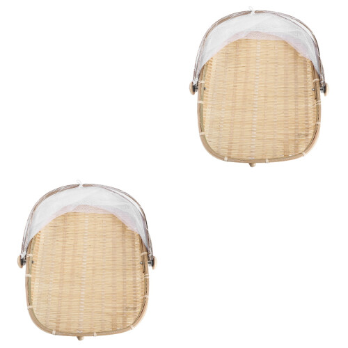 2Pièces Panier De Rangement Bambou Khaki Couvercle En Filet 2
