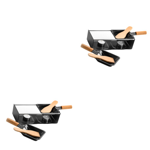 2Sets Black Mini Griddle Plate with Wooden Handle for Cheese Melting 2