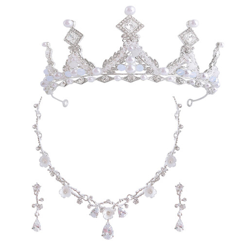 3Ensembles Parure Couronne Argentée Collier Boucles Fille
