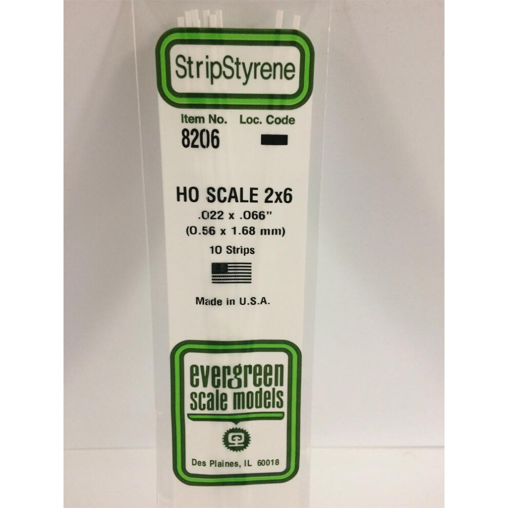 Evergreen 8206 - 0.022" X 0.066" Polystyrene Ho-Scale Strips 14"/35Cm 10Pcs