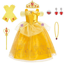 BSBUY Princess Belle Costume for Girls, Long Yellow Dress Up Outfit for Birthday Party, Halloween, Christmas Cosplay