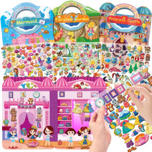 OSIMIG 4 Pack Dress Up Reusable Sticker Books for Girls, 220+ 3D Puffy Stickers for Children Include Princess Mermaid Fairy and Fashion Girl,Travel A
