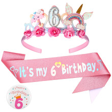 Birthday Girl Headband, 6th Floral Birthday Crown Glitter Sash and Badge Set for Birth Day Decorations Girls,Princess Crown Hats Girl Headband for Ki