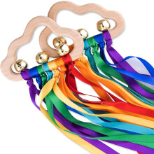 Baby Wooden Sensory Rattle Toys, Rainbow Ribbons Rattle Toy for Babies, Colourful Ribbon Cloud Ring Play Toys with Bells for Baby, Infants, Newborn,