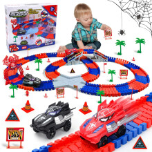 Spider Construction Race Track Set: STEM Building Toys for Kids Ages 3-9 Car Track with Superhero Cars Outdoor Toddler Toys for Boys Girls Birthday G