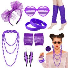 Ronilp 80s Fancy Dress for Women, Purple 1980s Accessories for Women Costume Accessories Set with Leg Warmer Necklace Bracelet Bow Headband Fishnet G