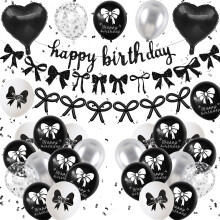 Black Bow Birthday Decorations,Bow Coquette Party Decorations with Happy Birthday Banner Black Silver white Bow Balloons Heart Foil Balloons for Girl