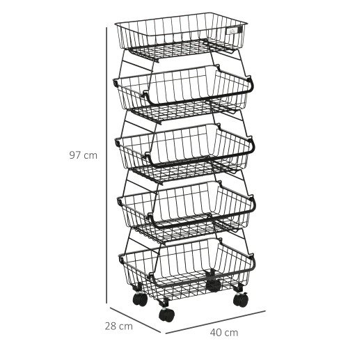Homcom HOMCOM 5 Tier Storage Trolley Cart Vegetable Rack with Wheels for Kitchen 2