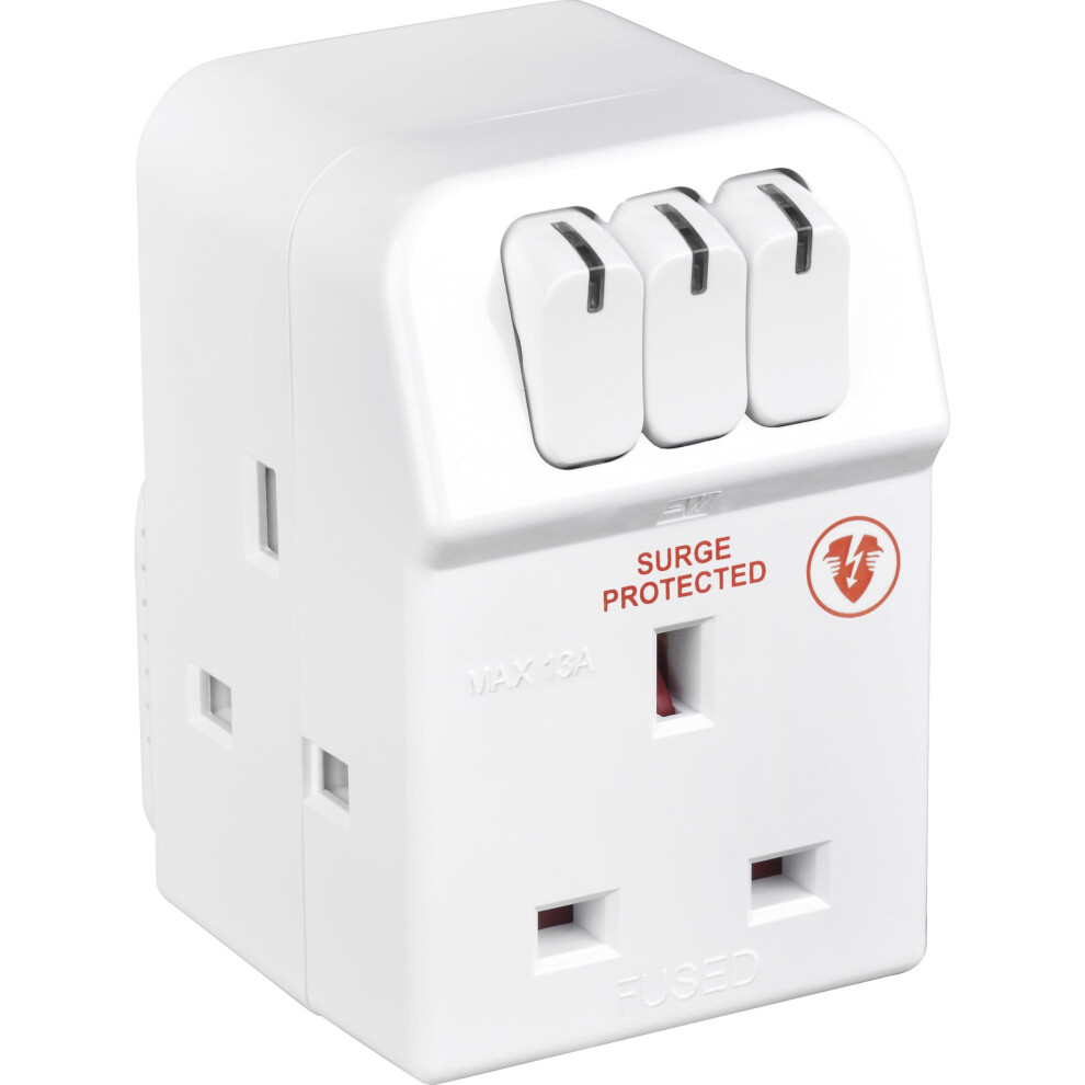 Masterplug Three Socket Surge Protected Adaptor With Individual Switches 59202929