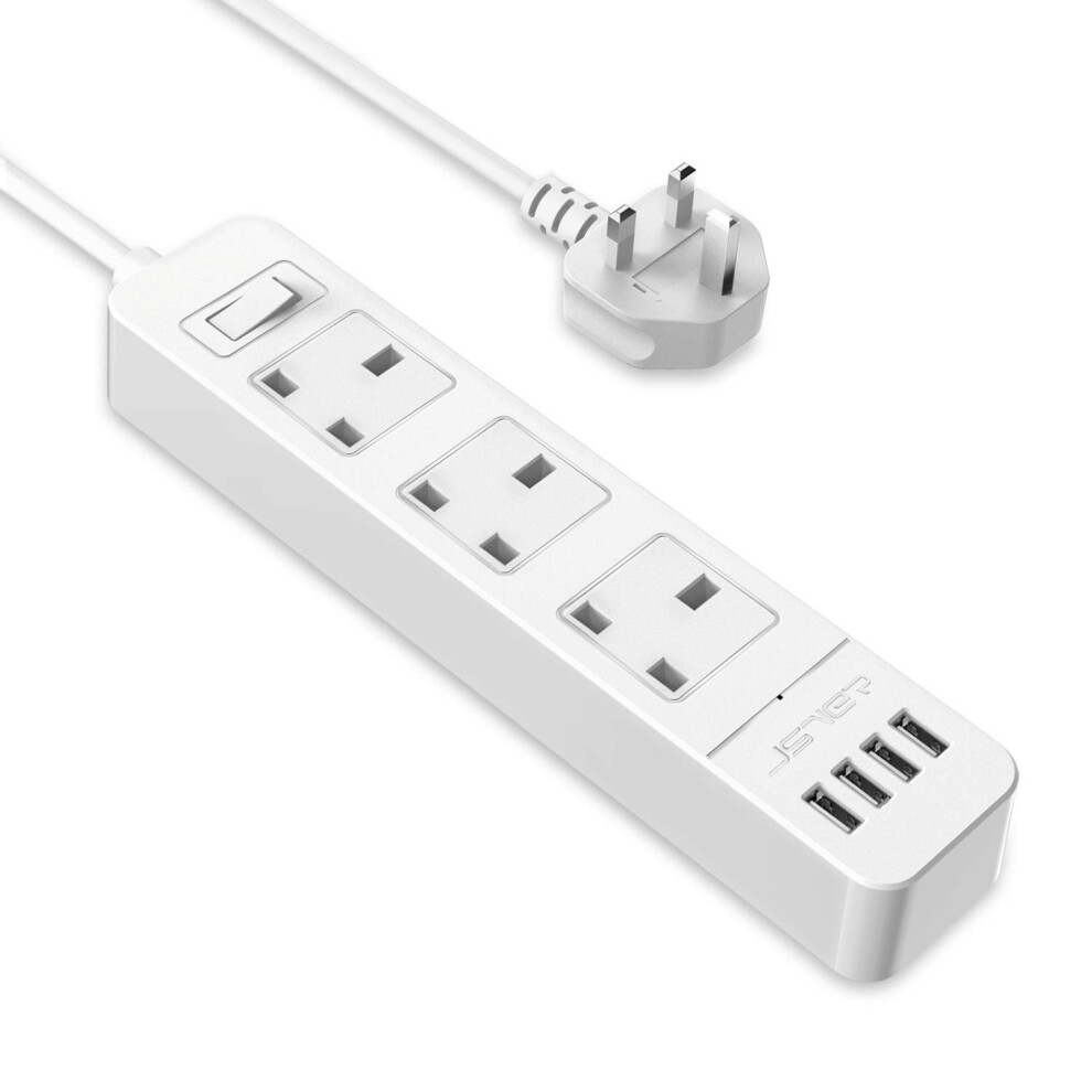 Jsver Extension Lead Usb, Power Socket With 3 Outlet 4 Usb Charging Station Power Strip Usb With 2M Power Lead-White 3092816105335