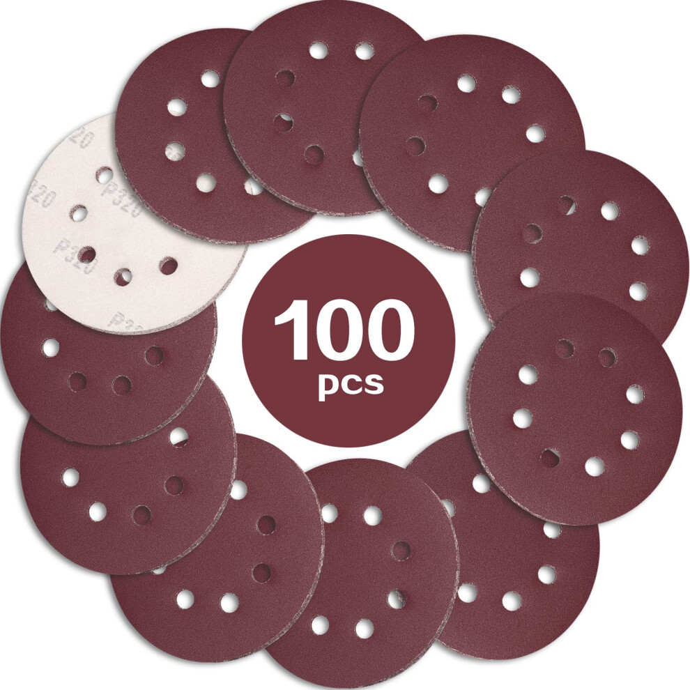 Stebruam 100Pcs 125Mm Sanding Discs 320 Grit, 5 Inch 8 Hole Hook And Loop Sanding Pads For Random Orbital Sander 5051226628696