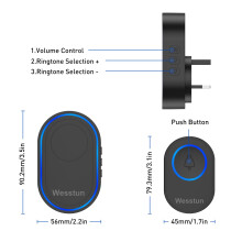 Wesstun Wireless Doorbell IP67 Waterproof Plug in Doorbell Kits Operat
