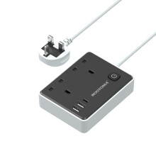Black Extension Lead 1M with 3 USB Slots (1 USB C), 2 Gang Short Extension Lead with Switch, Small Power Strip for Travel Home Bedroom Kitchen Office