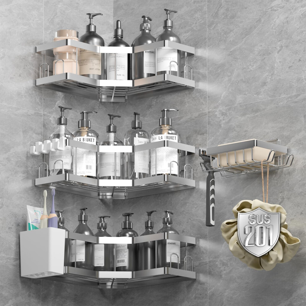 Acemining Shower Caddy, 5 Pack Silver (Sml+2) Bathroom Shelves, Adhesive Shelf Storage No Drilling, 201 Stainless Steel Shower Organiser 5051226663864