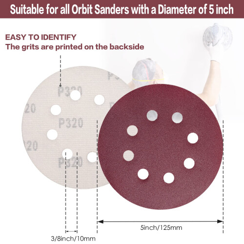 STEBRUAM 100Pack 125mm Sanding Discs 320 Grit Sandpaper for Orbital Sander 1