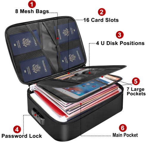 Tamfile Fireproof Document Box, 14.2''10.6''4'' Large Capacity 3-Layer Fireproof Document Bag with Lock, Fireproof File Storage Box for Passports, 2