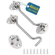 4 Inch Hook and Eye Latch, Leryati 2Pcs 100mm Silver Gate Hook Stainless Steel Cabin Hooks, Eye Latch Door Lock Hooks Lock, Apply to Wooden Gates, Wi