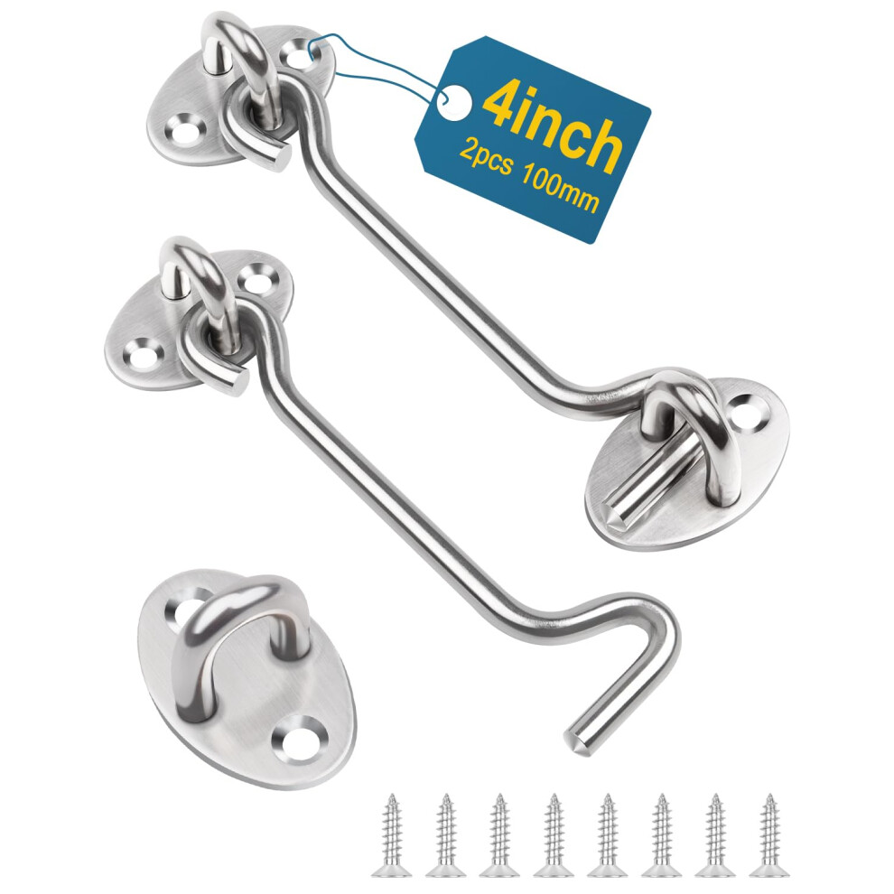 4 Inch Hook And Eye Latch, Leryati 2Pcs 100Mm Silver Gate Hook Stainless Steel Cabin Hooks, Eye Latch Door Lock Hooks Lock, Apply To Wooden Gates 5051226922046