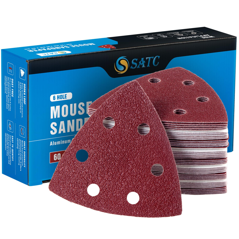 Satc Delta-Triangle Sanding Sheets 93Mm 60 Pcs Detail Sander Pads Durable Dust-Free 6-Holes Sander Sandpaper Hook And Loop Triangle Sanding Pads 60/1 7843362889097