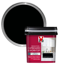 V33 Renovation Cupboard & Worktop Paint - No Undercoat Needed - High Resistance To Water Stains & Scratches - Ultra Washable - Quartz Black Satin 750m