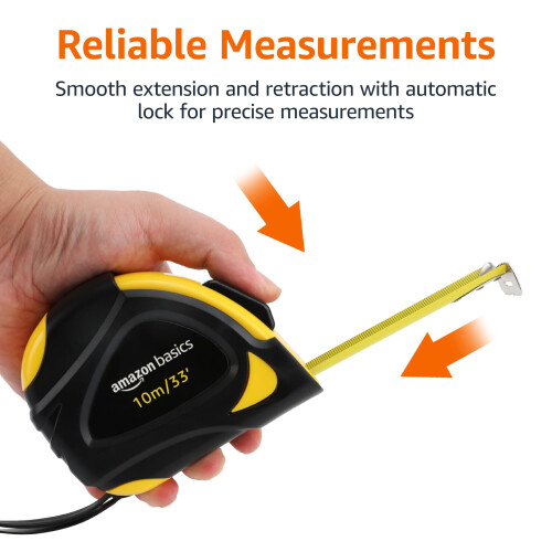 Amazon Amazon Basics Self-Locking Tape Measure, Metric Scale, MID Accuracy, 10 m (1-Pack), Black, Yellow 2