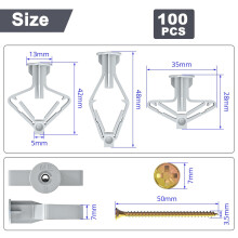 Wavanta 100Pcs Plasterboard Wall Plugs and Screws Set, Plasterboard Fixings, 50pcs Anti-Rotational Expansion Tube and 50pcs Plasterboard Anchor Screw