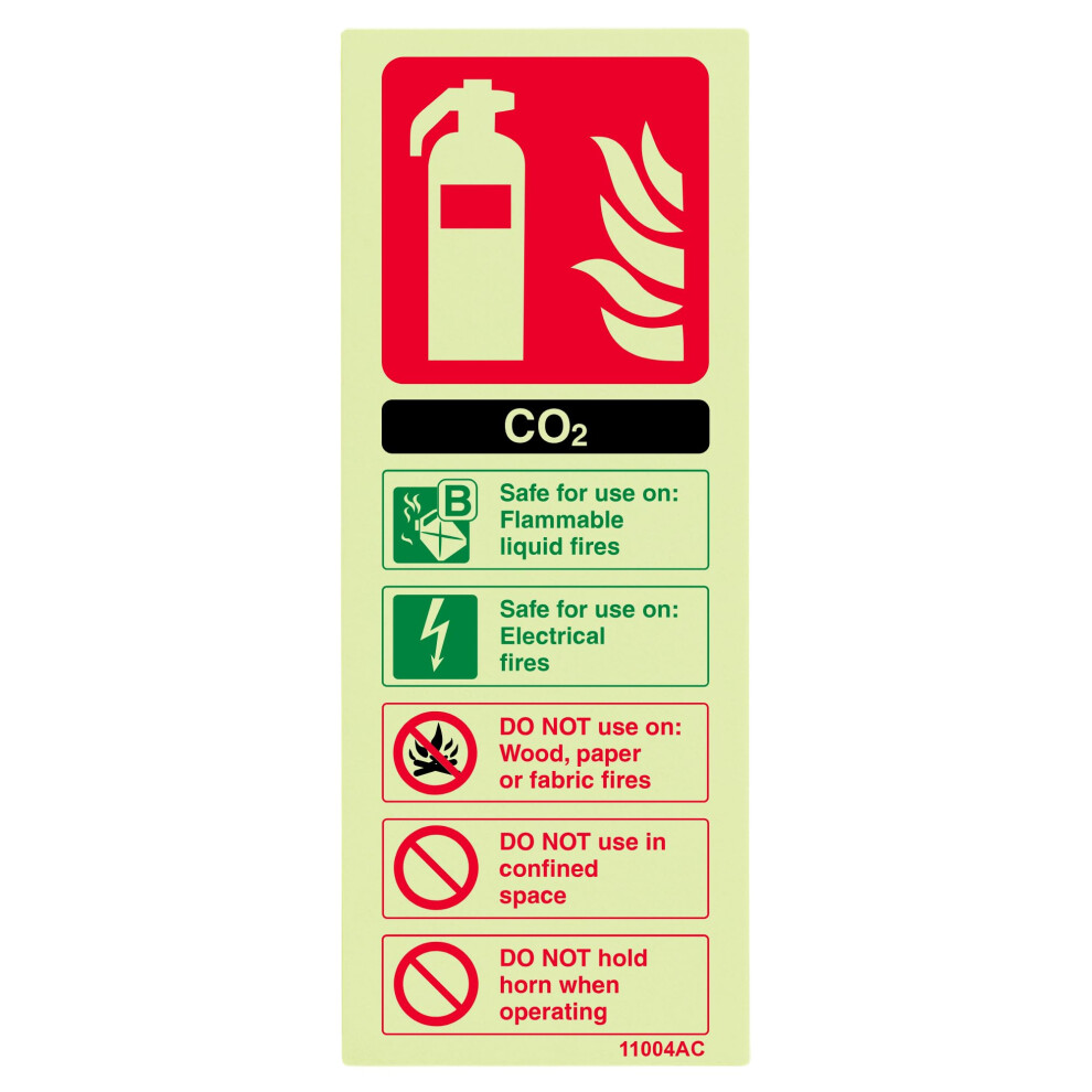 V Safety 11004Ac-G Glow In The Dark Co2 Id Fire Extinguisher Sign - 75Mm X 200Mm - Rigid Plastic, Black/Green/Red 61111806