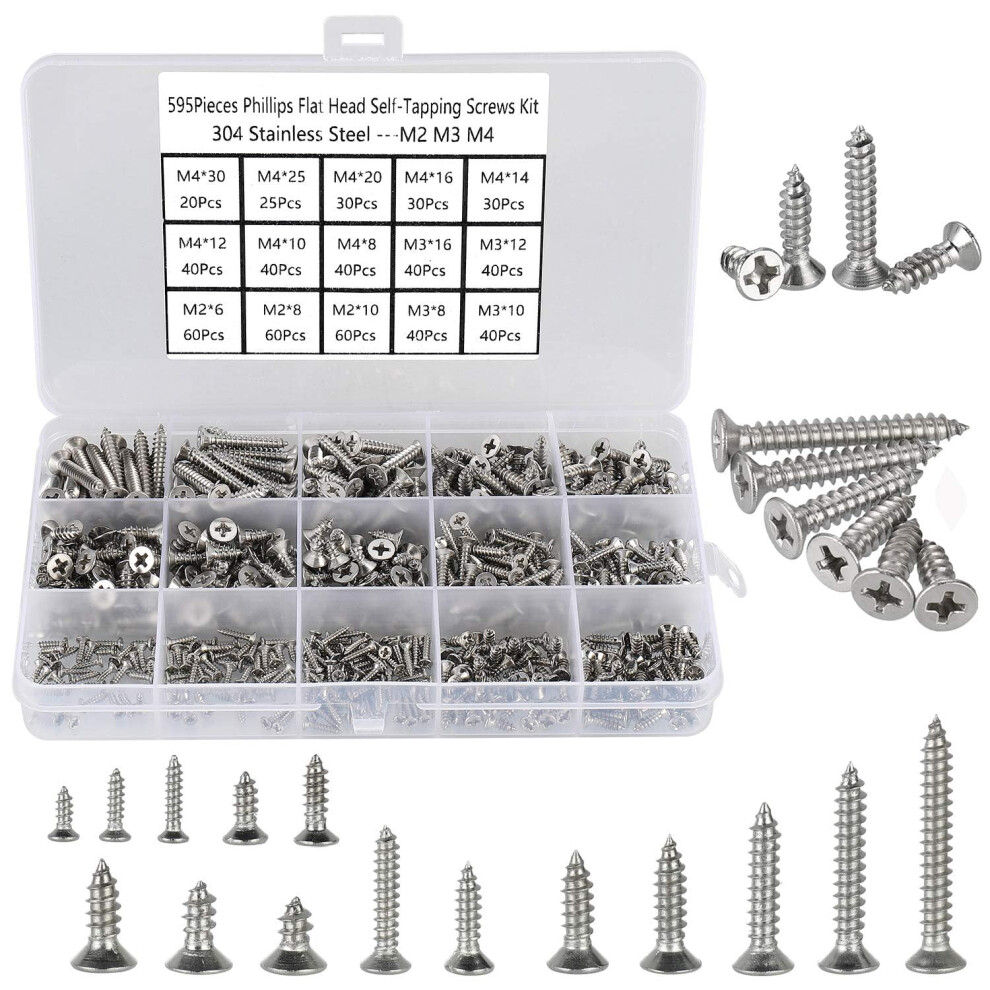 Fandway 595Pcs Self Tapping Screws 304 Stainless Steel,M2 M3 M4 Small Wood Screws Assortment,Countersunk Head Self Drilling Screw,Flat Head Sheet 5051226658297
