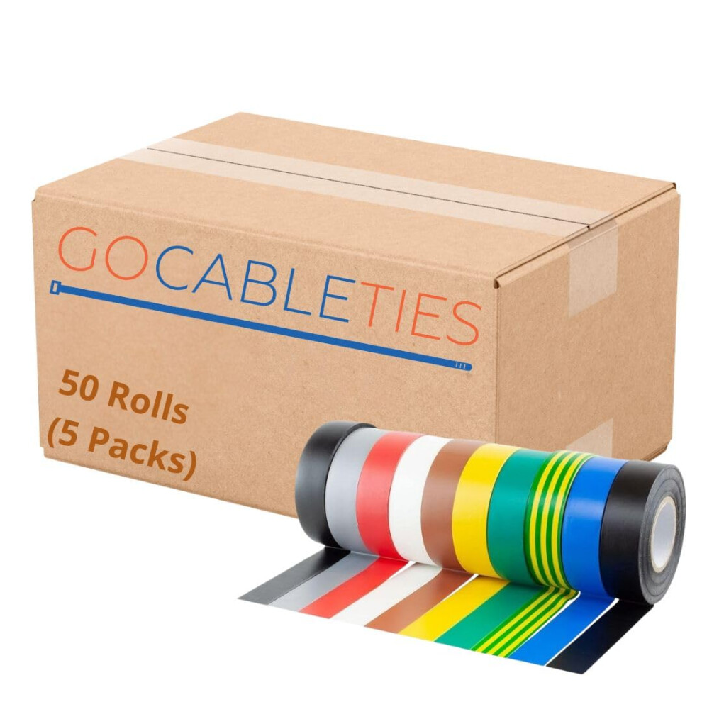 Gocableties 50 Rolls (5 Packs) Multi Pack Of Pvc Electrical Insulation Tape, 20M X 19Mm, Premium Multi-Colour Mixed 3789770514821